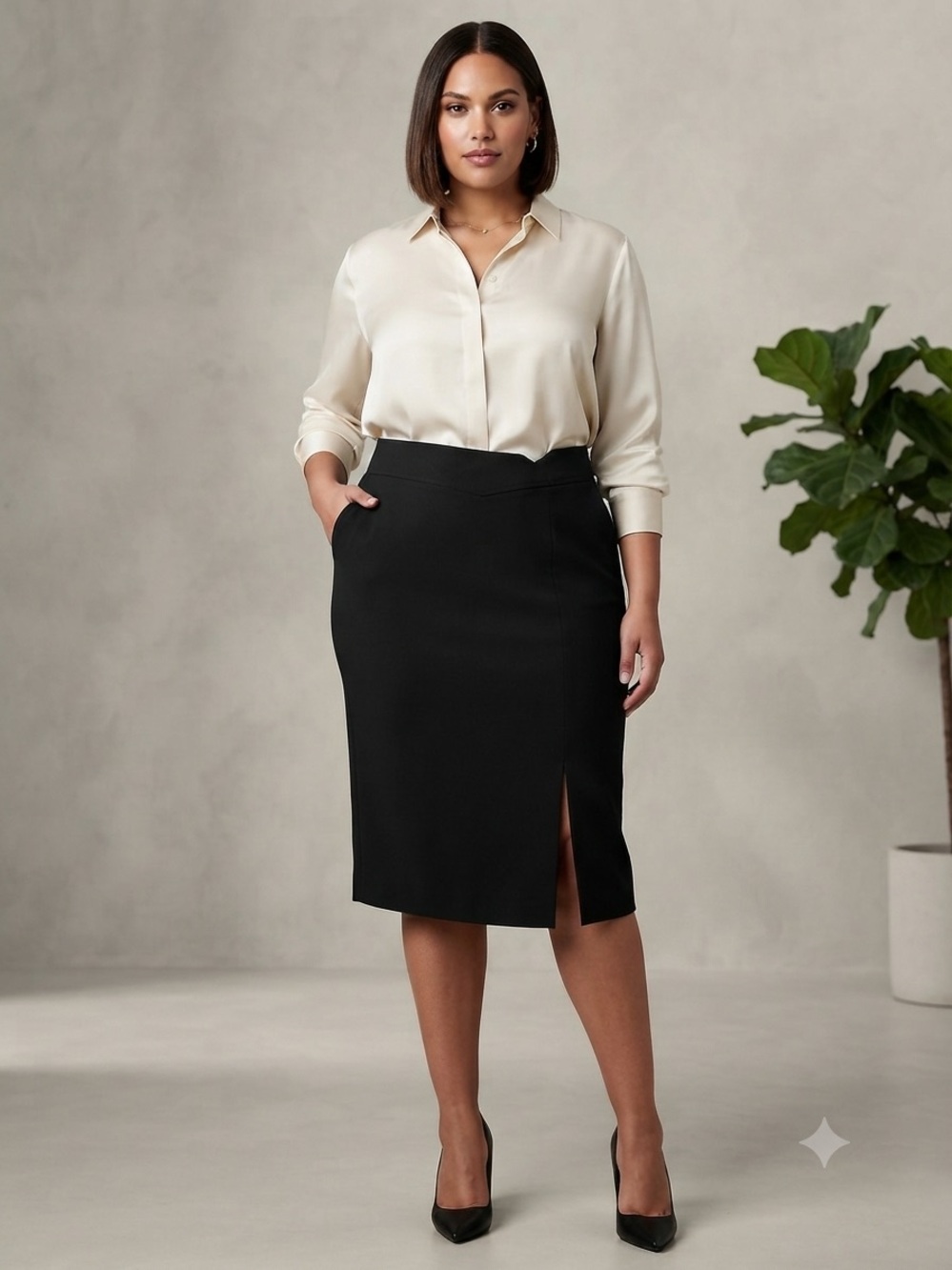 Black Pencil Skirt with Front Slit - Classic Workwear